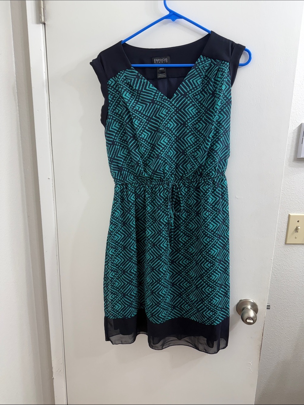 Enfocus Studio Teal and Black Geometric Midi Dress